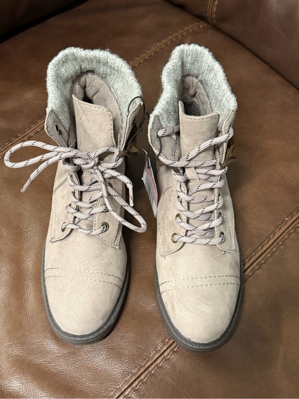 Serra Taupe NWT!! Lace-Up Faux-Suede Ankle Boots with Sherpa Collar….120